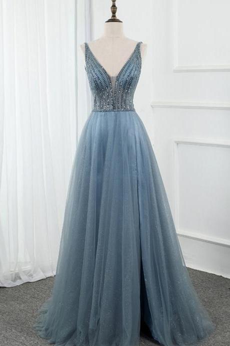 Blue Tulle Party Dress,deep V-neck Backless Beading Sequins Prom Dress,handmade