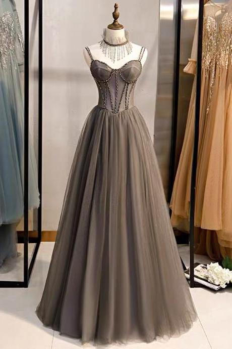 Spaghetti strap evening dress, gray party dress,beaded prom dress,Handmade,JB0103