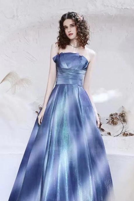 Blue Strapless Dress, Luxurious Atmosphere Long Party Dress,handmade