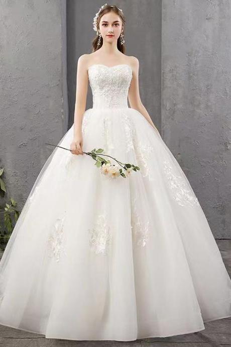 White Simple Wedding Dress, Strapless Light Wedding Dress,floor Length Bridal Dress,handmade