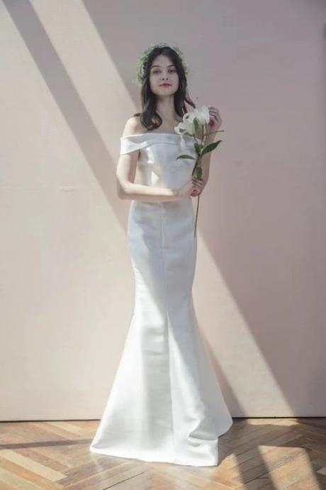 Off Shoulder Satin Light Wedding Dress, White Wedding Dress, Simple, Mermaid Bridal Dress,handmade