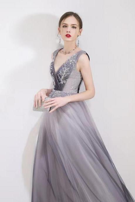 Gradient Purple Prom Dress, Deep V Sexy Beaded Party Dress,custom Made,handmade