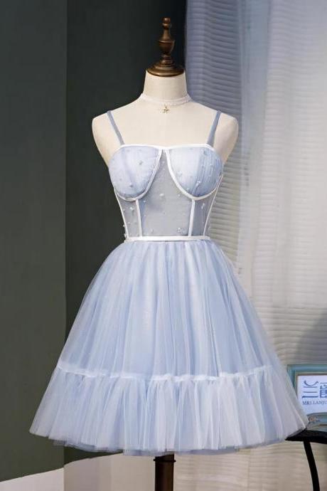 Sky Blue Spaghetti Strap Graduation Dress, Fairy Birthday Party Dress, Princess Homecoming Dress,handmade