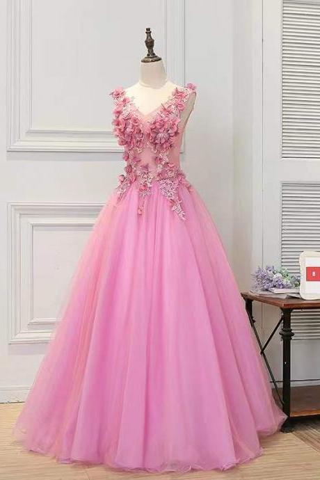 !lv-neck Evening Dress, Pink Prom Dress, Fairy Birthday Dress, Applique Party Dress,handmade