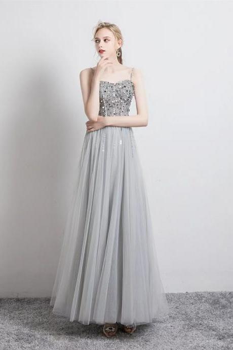 Silver evening dress, elegant birthday dress, long halter prom dress, Handmade,