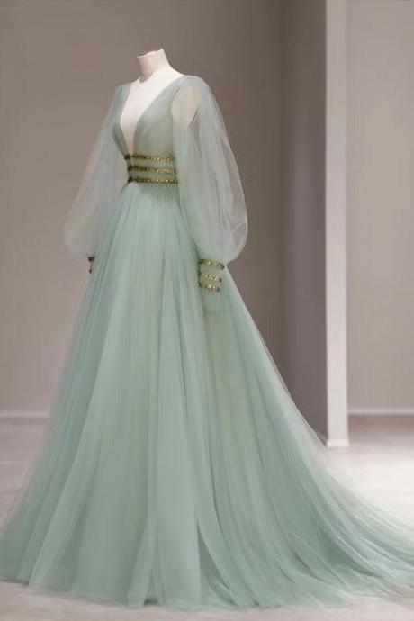 Fresh, natural, super fairy green evening dress, temperament long sleeve party dress, lawn wedding dress, Handmade,JB0143