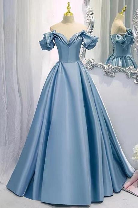 Off-the-shoulder bridesmaid dresses, new style, long birthday party dresses, blue satin evening dresses, Handmade