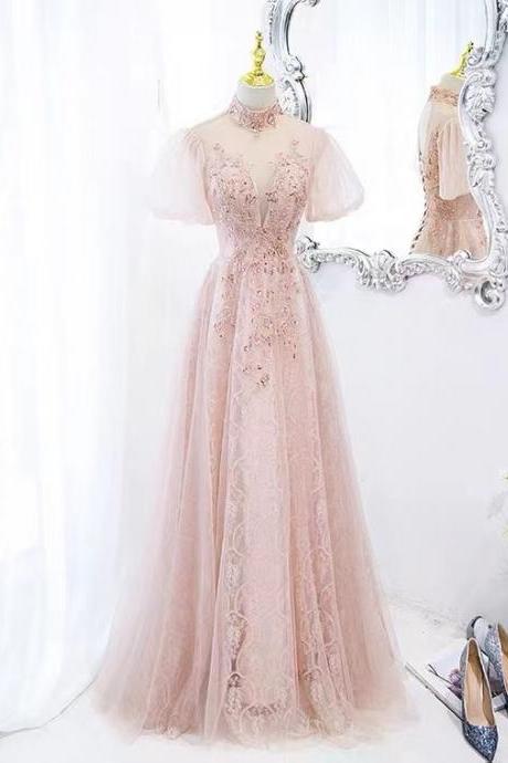 Luxury Party Dress, High Neck Evening Dress,noble Pink Party Dress,handmade,