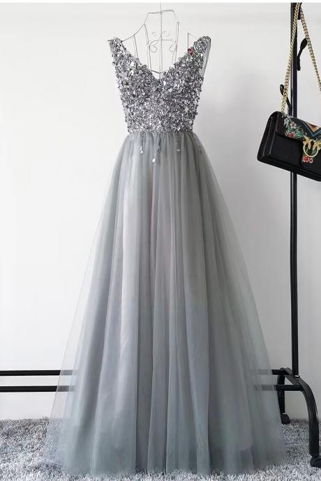 Luxury party dress, v-neck evening dress,gray sexy prom dress,handmade,JB0153
