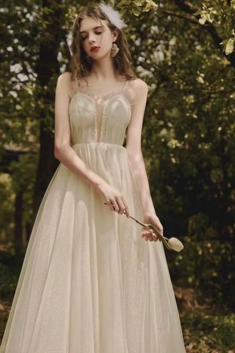 Beige chic dress, spaghetti strap bridesmaid dress, fairy party dress,handmade