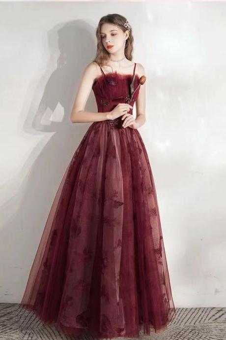 Burgundy star party dress, spaghetti strap evening dress, butterfly decal prom dress,handmade