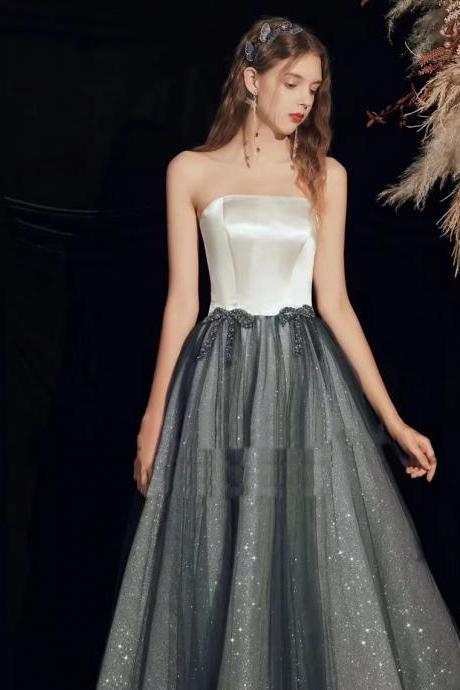 Clash-colored white dress, strapless prom gown,handmade