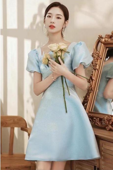 Blue Homecoming Dress,simple Bridesmaid Dress, V-neck Graduation Dress,handmade