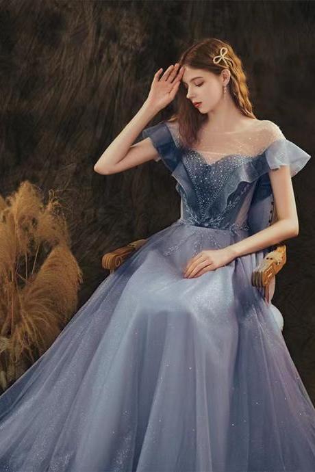 Blue starry prom gown, off shoulder evening dress,handmade