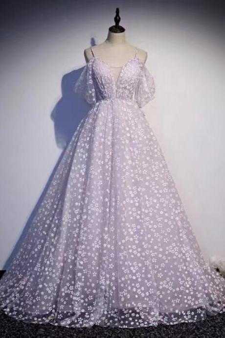 Purple Evening Dress, Elegant Fairy Flower Dress, Light Luxury Long Gown ,straps Bridal Dress,handmade
