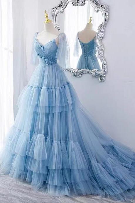 Blue Evening Dress, Light Luxurious Fairy Dress, High Sense Bridal Dress ,flower Party Dress,handmade