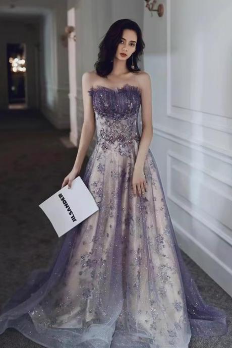 Cheap off shoulder party dress, purple prom dress,strapless sequin dress,handmade