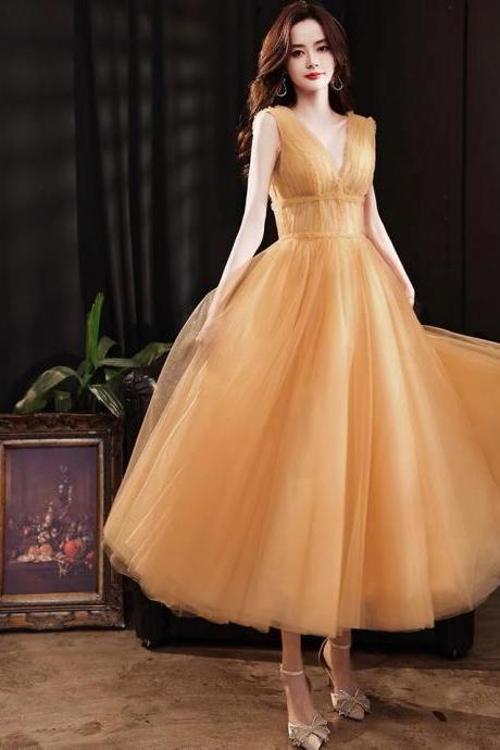 V-neck party dress, yellow bridesmaid dress, bright birthday dress,handmade,JB0182