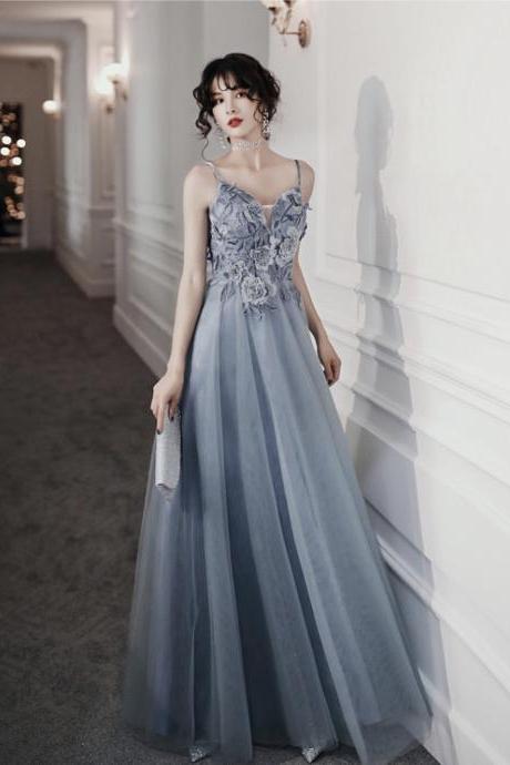 Deep V Neck Blue Prom Dress, Spaghetti Strap Party Dress,long Sexy Evening Dress With Applique,handmade,