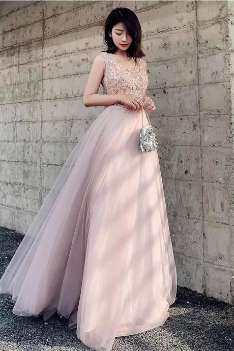 Pink evening dress, long temperament party dress, sexy V-neck noble dress with applique,handmade