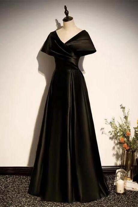 V-neck party dress,black prom dress,satin evening dress,handmade