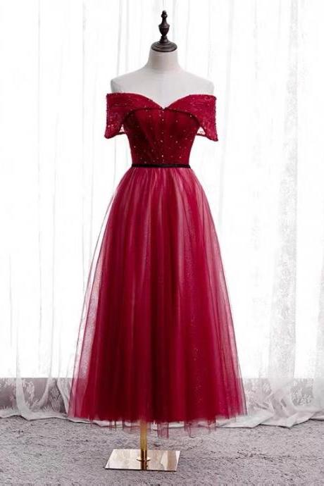 Off Shoulder Party Dress,red Midi Dress ,sweet Graduation Dress,handmade