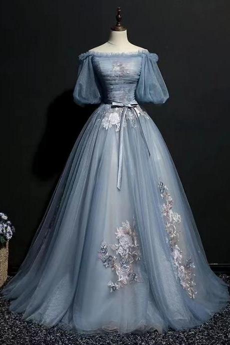 Off shoulder party dress,blue prom dress ,off shoulder ball gown dress with applique,handmade