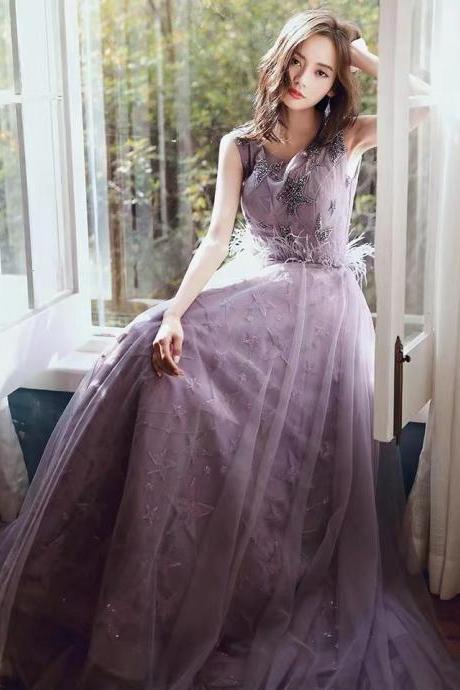 Purple Party Dress,dream Prom Dress ,sleeveless Evening Dress ,handmade