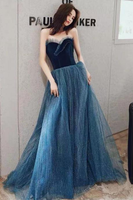 Strapless Prom Dress, Luxury Prom Dress, Sexy Blue Evening Dress,handmade