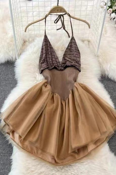 Spice girl, sexy spaghetti strap dress, fashion mesh stitching, halter neck mini dress, high waist, shaggy dress,JB0238