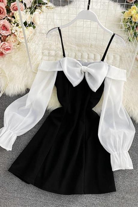 Cute bow short dress ,off shoulder casual dress