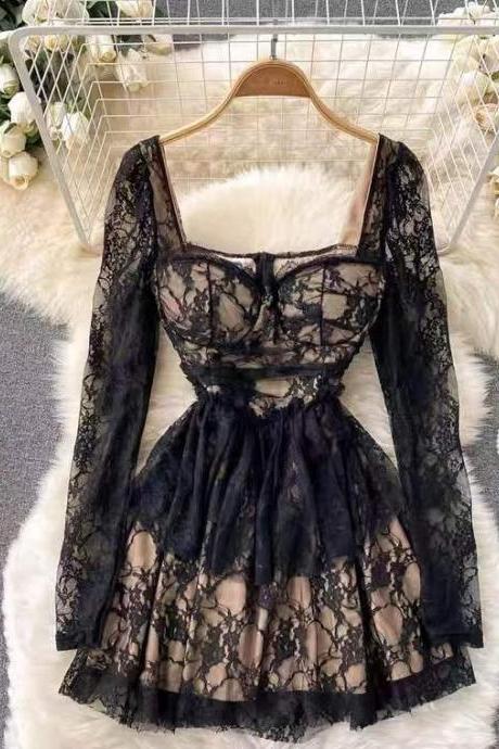 Temperament V-neck long sleeve dress, slim, sexy lace high waist A-line dress