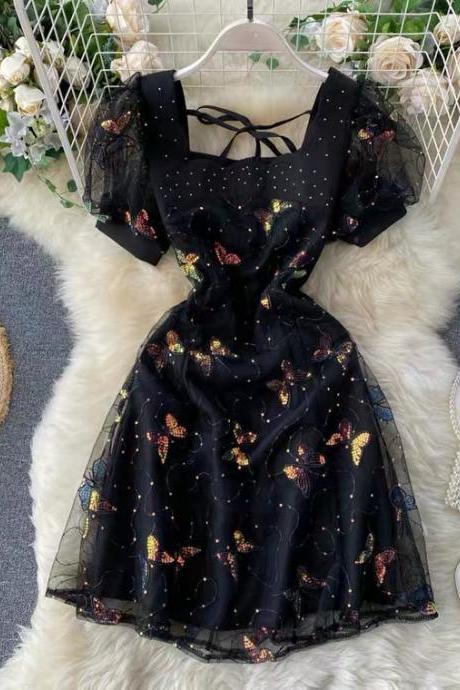 Cute Black Dress, Bubble Sleeves Short Fairy Dress, Butterfly Tulle Dress