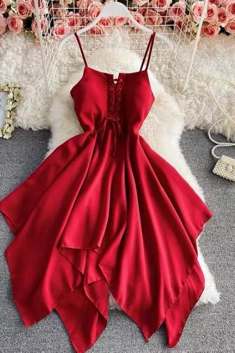 Pure color short cute dress, irregular spaghetti strap dress