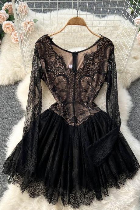 Socialite, sexy, fashion, waist-in, a-line lace dress v-neck lace dress