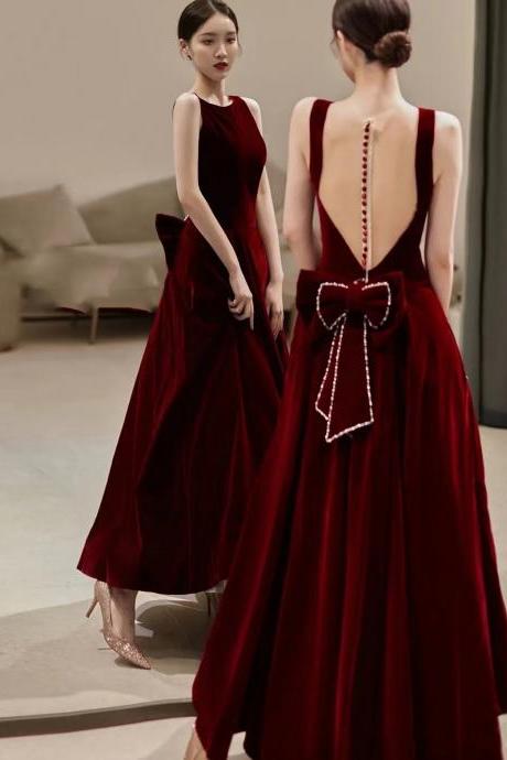 Burgundy prom gown, sleeveless evening dress, velvet princess dress,handmade 