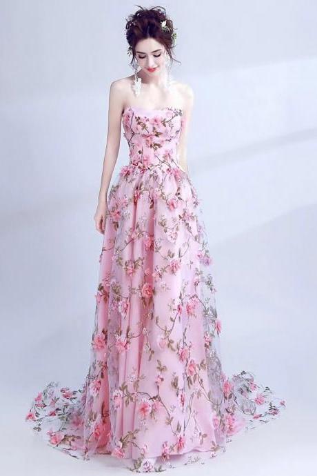 Bean pink flower lace strapless dress, romantic decal prom dress,handmade 