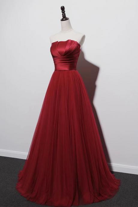 Burgundy Prom Gown, Stapless Evening Dress, Charming Prom Dress,handmade