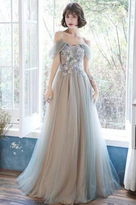 Fairy prom dress, off shoulder party dress, gray bridesmaid dress with applique,handmade 