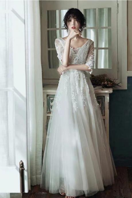White evening dress , long fairy temperament party dress, V collar prom dress,handmade ,JB0263