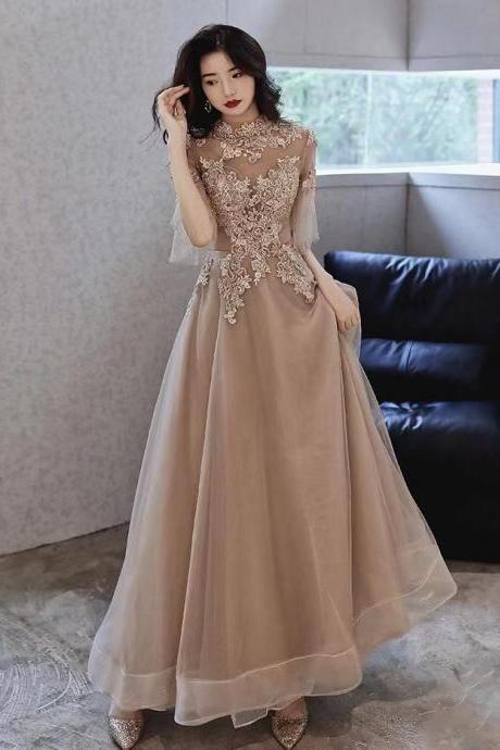 Champagne evening dress, long ladies temperament noble dress, high collar prom dress,handmade ,JB0264