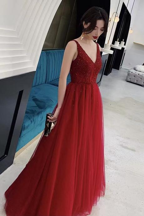 Long red prom dress, sexy V-neck evening dress, backless glamorous dress,handmade ,JB0265