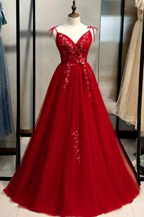 V-neck long prom dress, fairy evening dress with applique,handmade ,JB0267