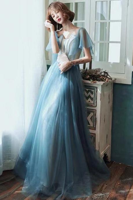 Fairy prom dress, blue party dress,off shoulder party dress,handmade