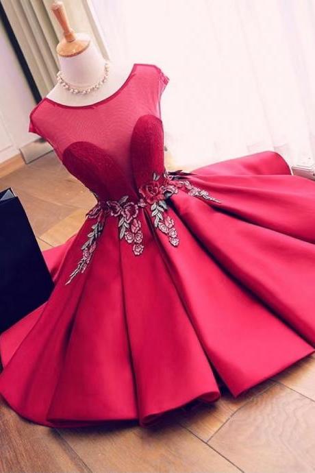 Red homecoming dress,cap sleeve party dress,satin graduation dress,handmade ,JB0277