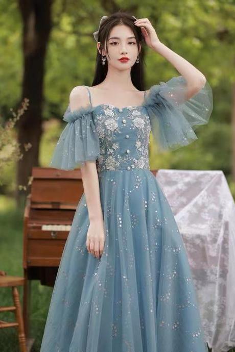 Blue prom dress,spaghetti strap party dress,sequin tulle dress,handmade