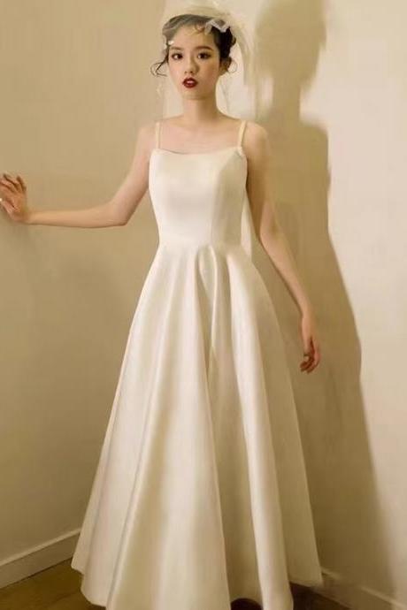 Spaghetti Strap Wedding Dress, Satin Wedding Dresses, Backless Midi Dress,handmade