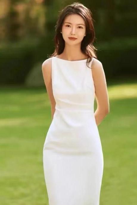 Light Wedding Dress,sleeveless White Dress, Elegant Bodycon Bridal Dress,handmade