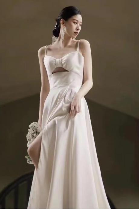 Spaghetti Wedding Dress, Slit Bridal Dress,white Satin Wedding Dress,handmade