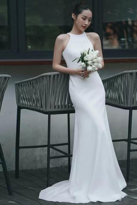 Light Wedding Dress,hatler Neck White Dress,sexy Mermaid Bridal Dress,handmade